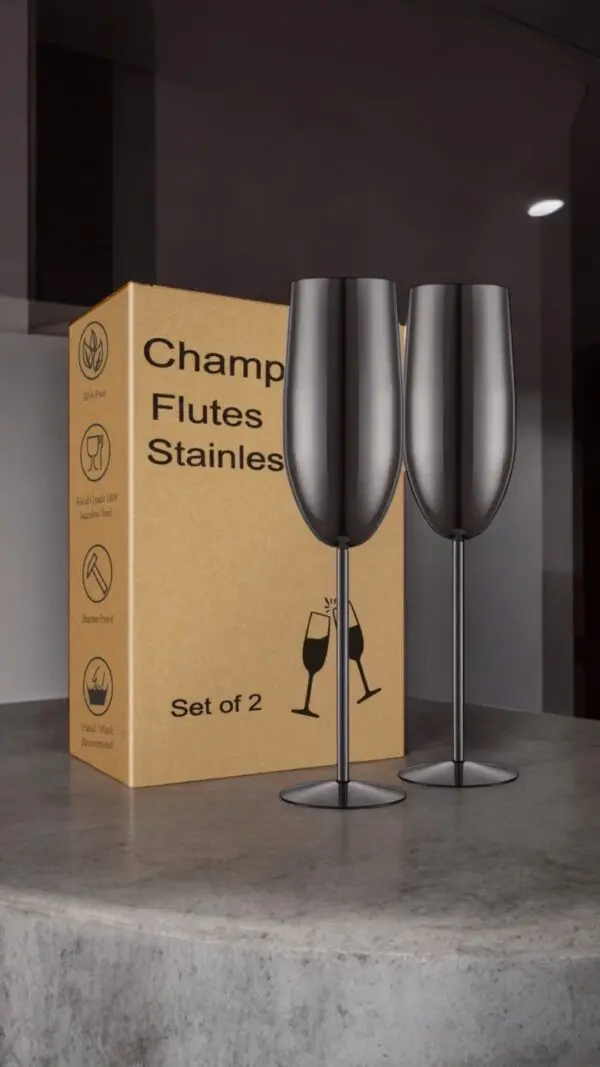 Elegant Stainless Steel BLACK Champagne Glasses – Set of 2 (280ml)