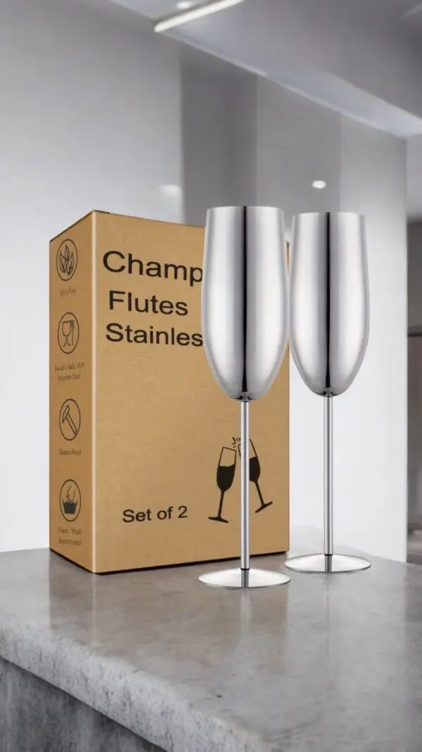 Elegant Stainless Steel SILVER Champagne Glasses – Set of 2 (280ml)