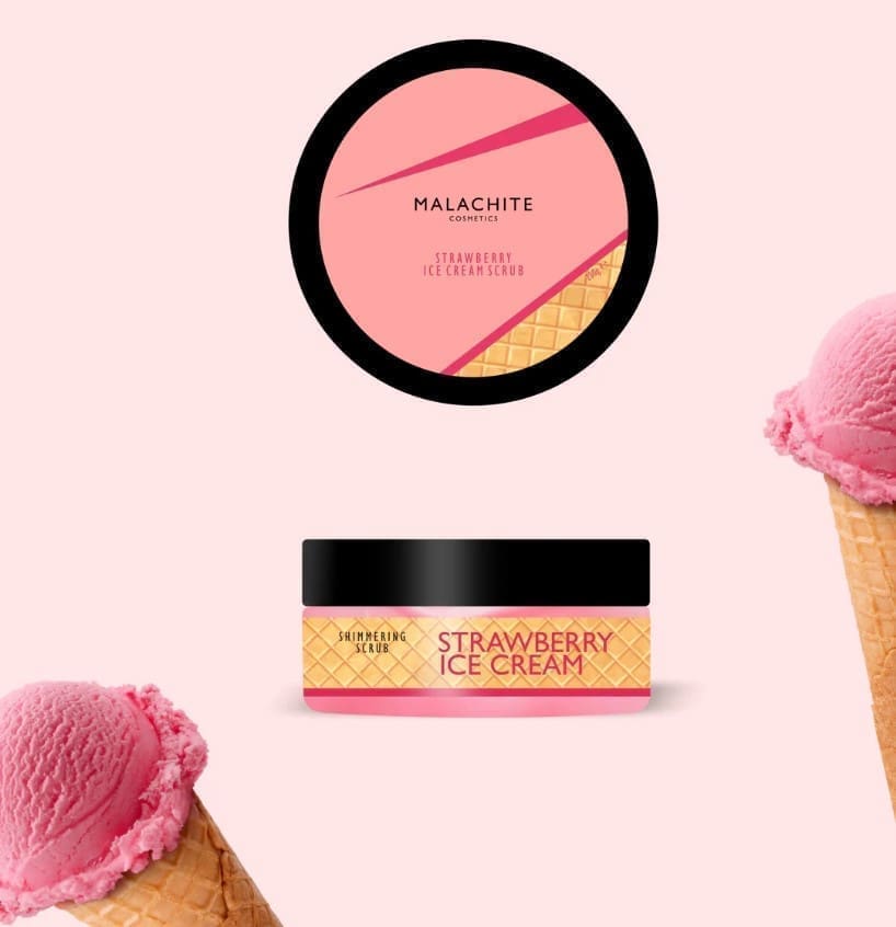 Glowing body scrub MALACHITE COSMETICS "Strawberry ice cream", 200gr